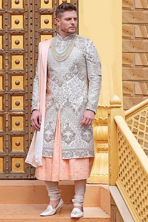 White and Peach Raw Silk All Over Embroidered Sherwani