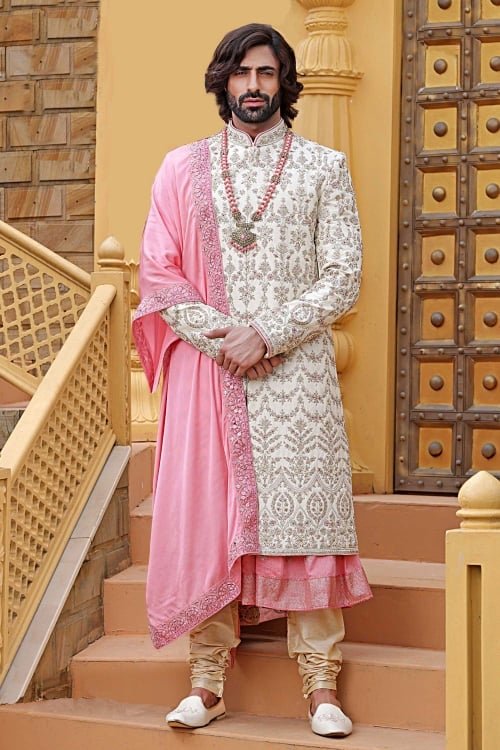 White and Pink Raw Silk Sherwani with Embroidery