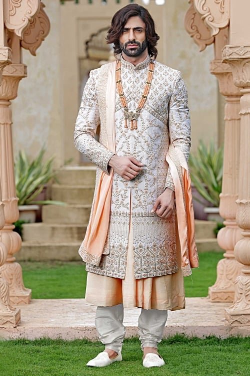 White and Peach Raw Silk Royal Sherwani with Embroidery