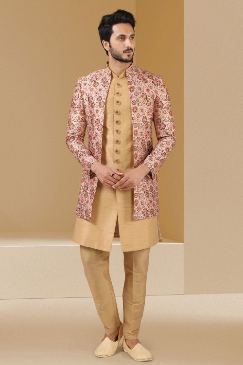Beige Banarasi Art Silk Kurta Pajama with Jacket