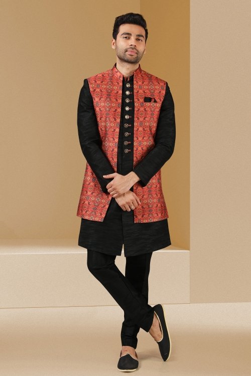 Black Banarasi Art Silk Kurta Pajama with Jacket
