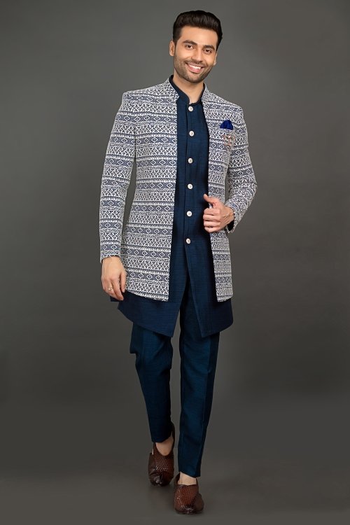 Rama Blue Silk Indo Western with Embroidered Jacket