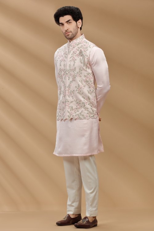 Light Pink Silk Kurta Pajama with Embroidered Jacket