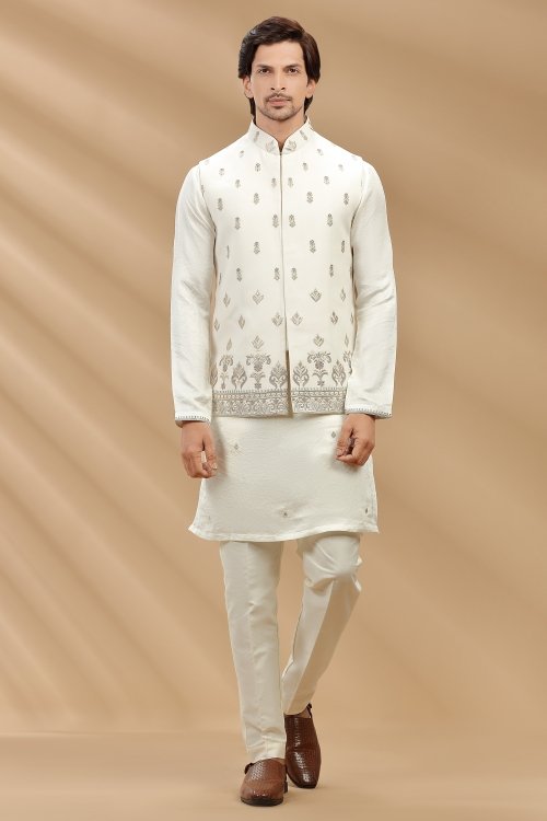 Off White Silk Kurta Pajama with Embroidered Jacket