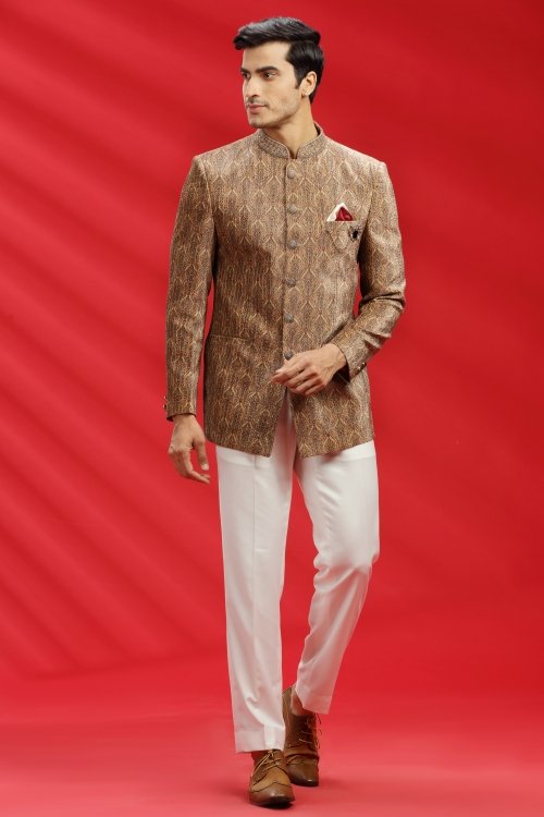 Beige Imported Printed Jodhpuri Suit