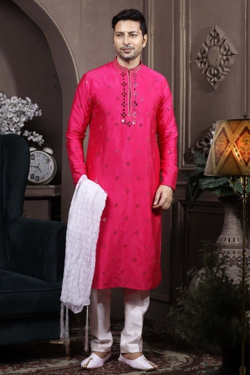 Rani Pink Art Silk Kurta Pajama with Mirror Work