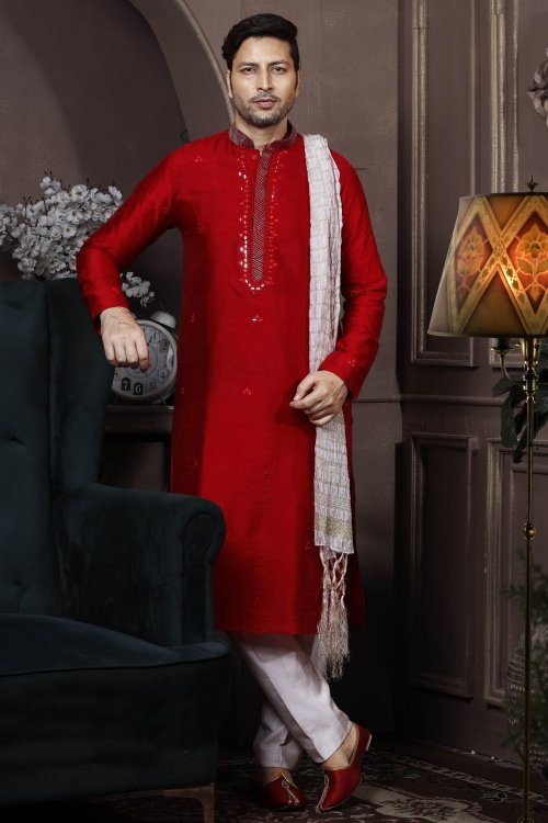 Red Art Silk Kurta Pajama with Mirror Work