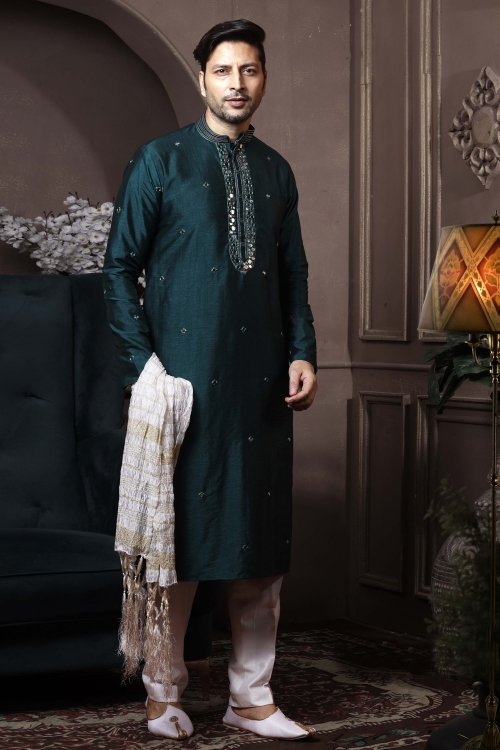 Dark Green Art Silk Kurta Pajama with Mirror Work