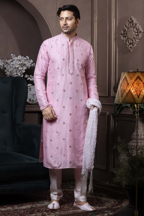 Pink Art Silk Kurta Pajama with Mirror Work