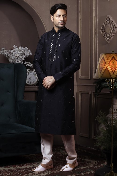 Black Art Silk Kurta Pajama with Mirror Work