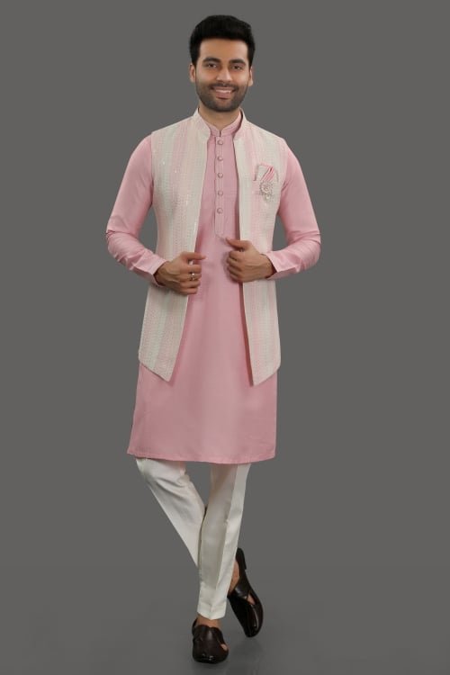 Pink Silk Kurta Pajama with Sequins Work Jacket