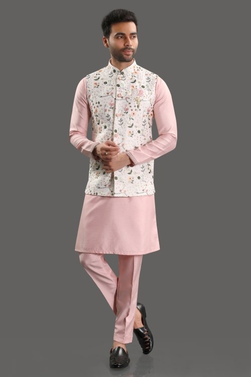 Pink Silk Kurta Pajama with Embroidered Jacket