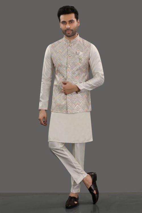 Off White Silk Kurta Pajama with Jacket