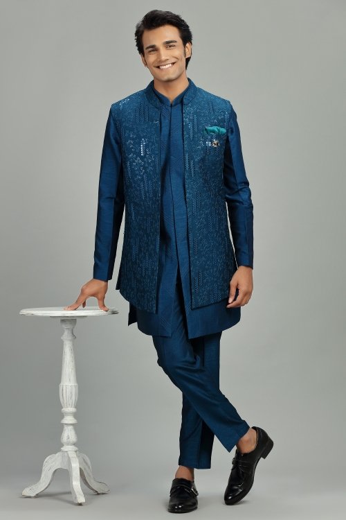 Rama Blue Silk Indo Western Outfit