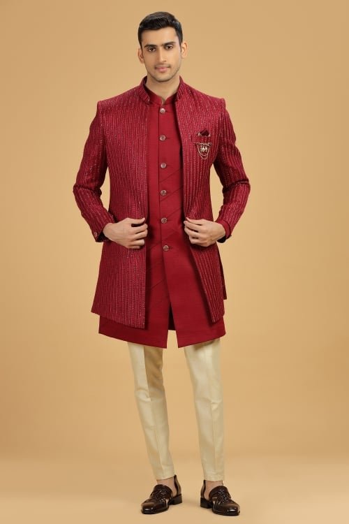 Maroon Silk Jacket Style Indo Western Outfit