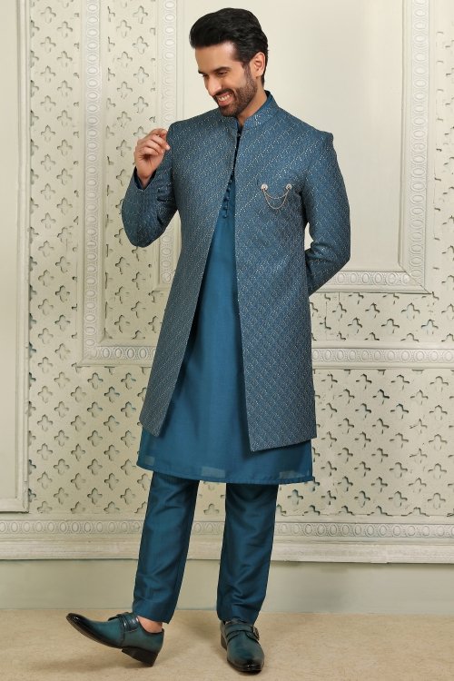 Rama Blue Silk Jacket Style Indo Western