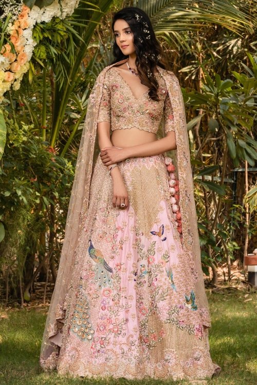 Pink Raw Silk Floral and Peacock Motifs Embroidered Lehenga Choli