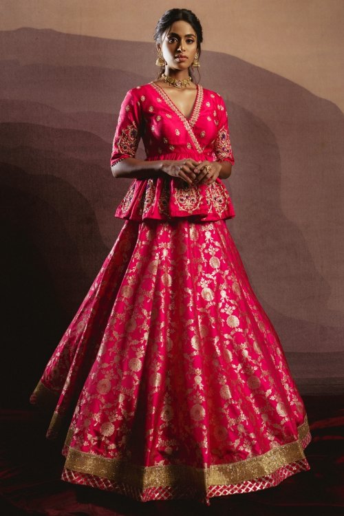 Magenta Pink Banarasi Silk Floral Woven Lehenga