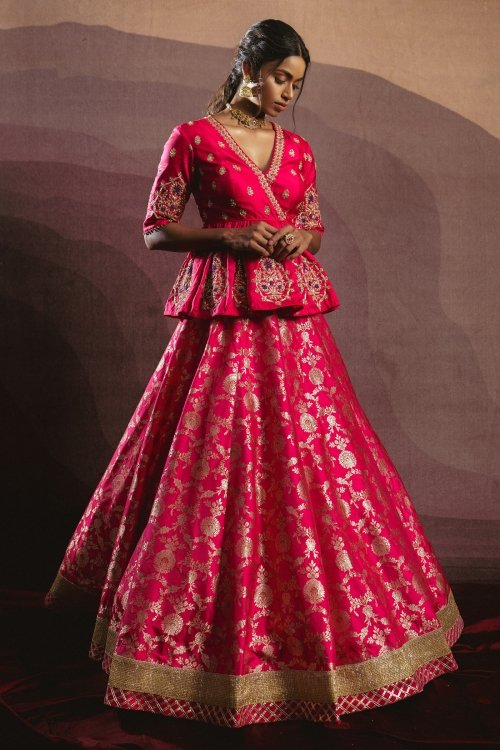 Magenta Pink Banarasi Silk Floral Woven Lehenga