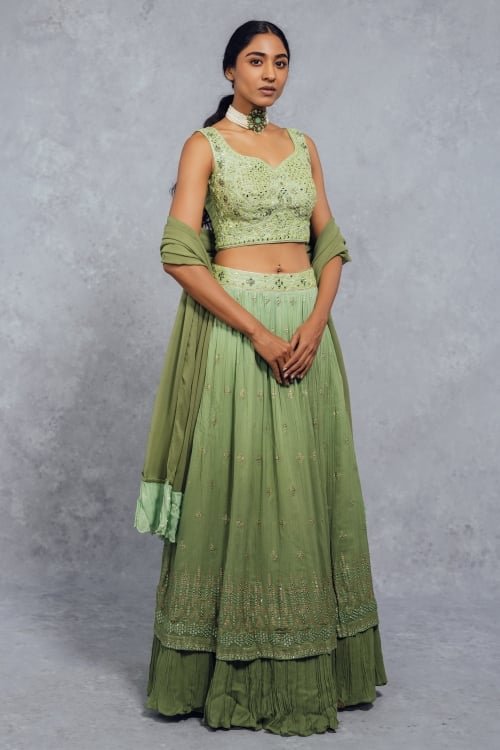 Green Shaded Silk Layered Lehenga with Sequins