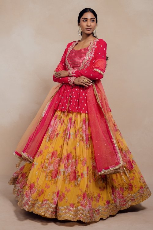 Yellow Chiffon Georgette Floral Printed Lehenga with Jacket