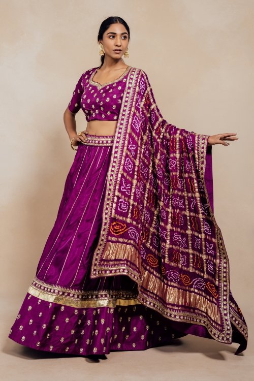 Purple Silk Lehenga with Bandhej Dupatta