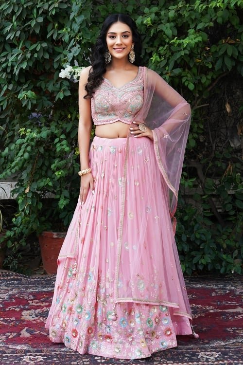 Pink Georgette Silk Flared Lehenga with Embroidery