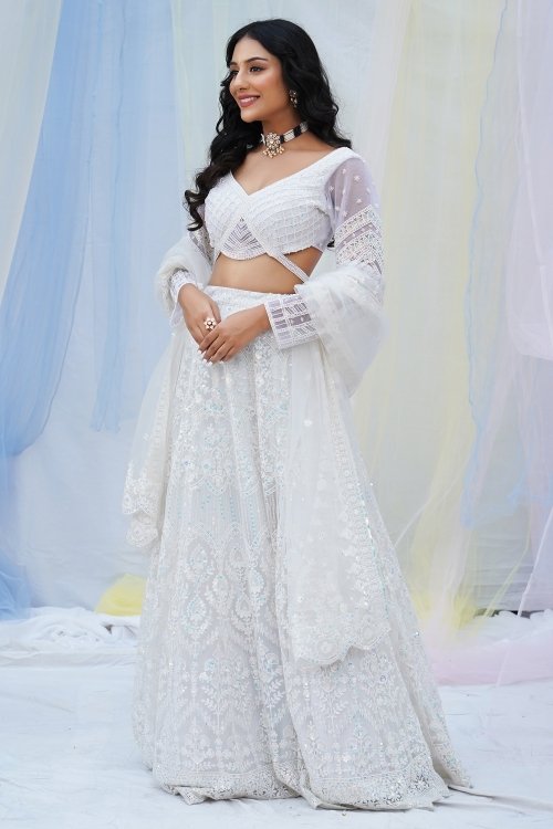 Pearl White Net Flared Lehenga with Sequins