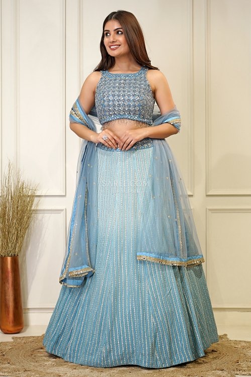 Cerulean Blue Ombre Lehenga with Embroidery and Sequins Work
