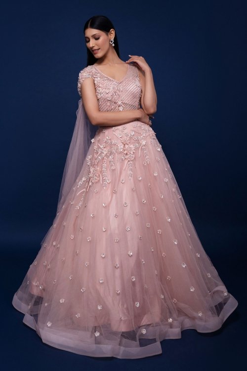 Pink Net Fancy Gown with 3D Flower Motifs