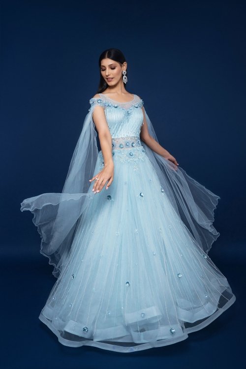 Light Blue Net Fancy Gown with Cape Sleeves