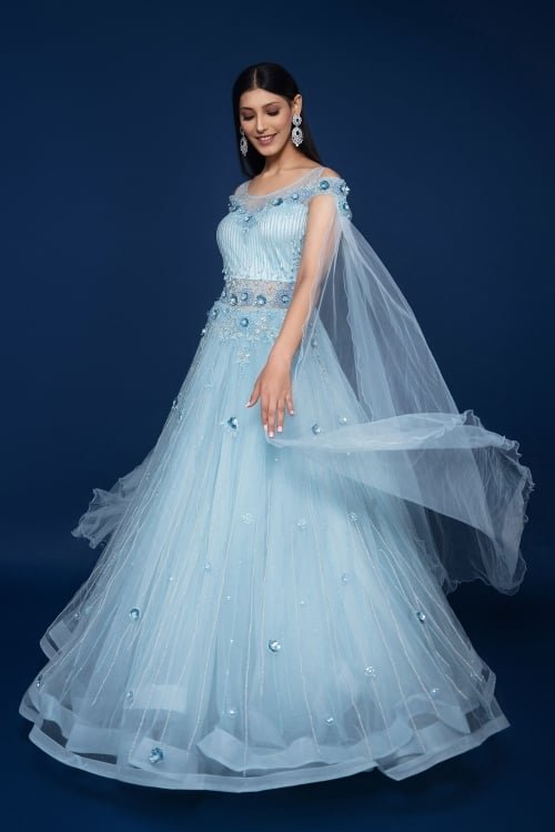 Light Blue Net Fancy Gown with Cape Sleeves