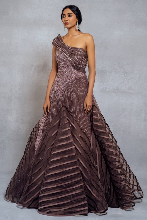 Dark Mauve Net Designer Flared Gown