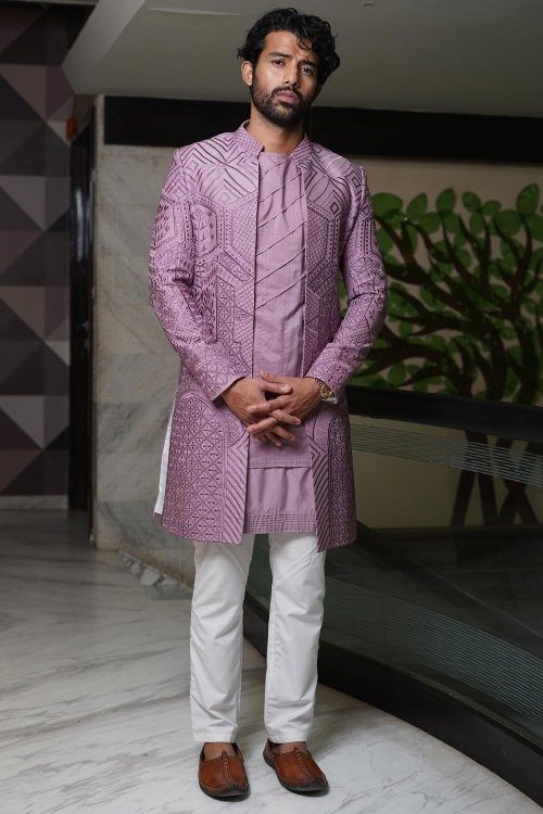 Pink Imported Sherwani with Embroidered Jacket