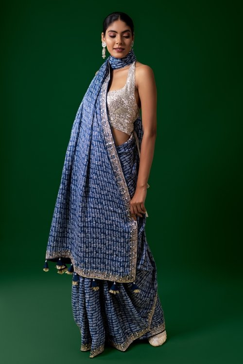 Blue Crepe Silk Saree with Embroidered Border