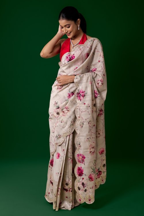 Taupe Tussar Silk Printed Saree with Floral Motifs