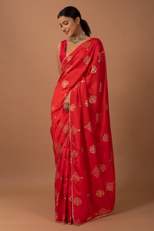 Red Kora Silk Woven Saree