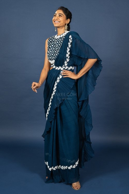 Rama Blue Georgette Pre Stitched Saree with Frill Border