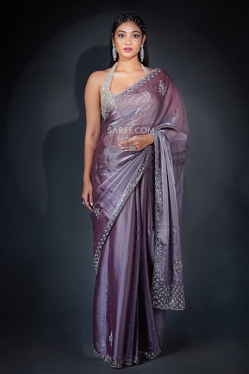 Plum Purple Satin Organza Embellished Saree In Diamond and Cutdana