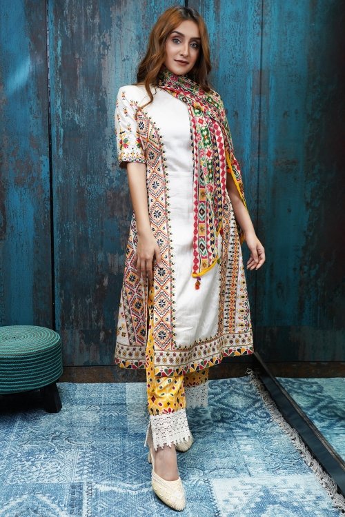 Pearl White Silk Embroidered Suit