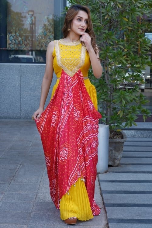 Yellow Georgette Crop Top Palazzo with Attached Dupatta