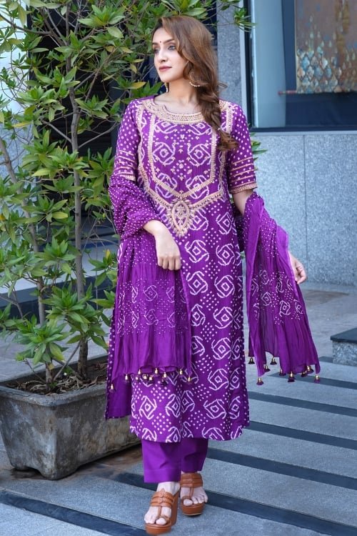 Purple Silk Bandhej Print Suit