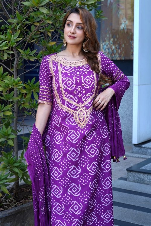 Purple Silk Bandhej Print Suit