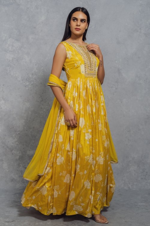 Yellow Chiffon Silk Floral Printed Anarkali Suit