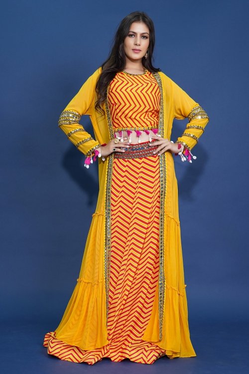 Yellow and Red Chiffon Crop Top Lehenga with Jacket