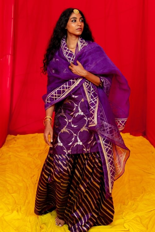 Purple Jacquard Silk Traditional Sharara Suit