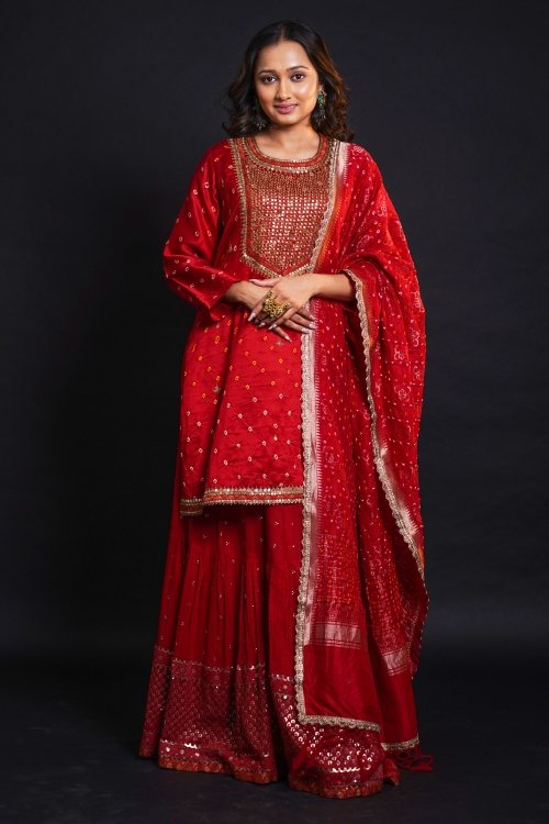 Red Gaji Silk Bandhej Lehenga Suit
