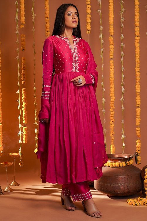 Pink Georgette Anarkali Suit with Mirror Work