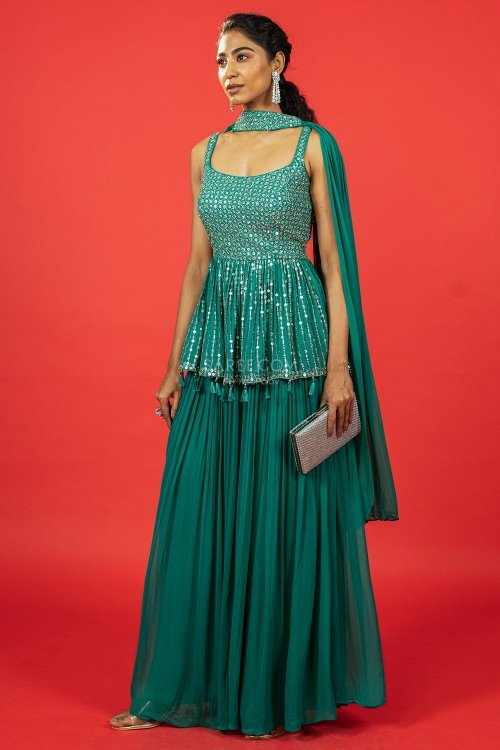 Teal Green Georgette Peplum Style Palazzo Suit