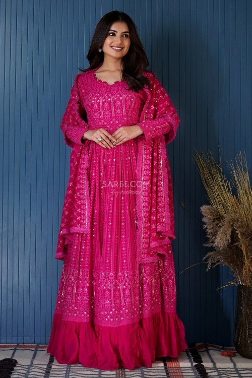 Neon Pink Heavy Embroidered Salwar Suit with Sequins Work in Georgette